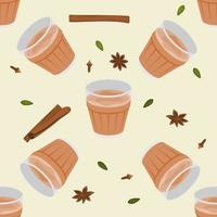 ilustración vectorial editable patrón sin costuras de chai masala indio en taza de vidrio con especias de hierbas variadas para crear fondo de bebidas con cultura y tradición del sur de Asia vector