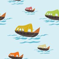 Editable Flat Oblique View Indian Keralan Houseboat Vector Illustration on Wavy Lake in Various Colors Seamless Pattern for Creating Background of Transportation or Recreation of Southwestern India