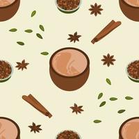 Editable Vector Illustration Seamless Pattern of Indian Masala Chai in Pottery Cup with Assorted Herb Spices for Creating Background of Beverages With South Asian Culture and Tradition