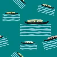 Editable Flat Style Side View Indian Keralan Houseboat Vector Illustration on Wavy Lake in Various Colors Seamless Pattern for Creating Background of Recreation or Transportation of Southwestern India