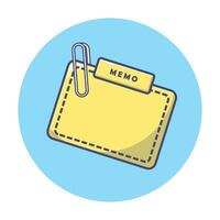 Simple cartoon illustration of yellow memo and paperclip. Office concept. vector