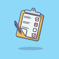 Simple cartoon illustration of paper containing a list of activities and a pen. Office concept. vector