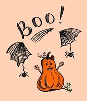 Funny postcard with pumpkin and spiders for the holiday Halloween. Boo lettering. Design doodle element. vector