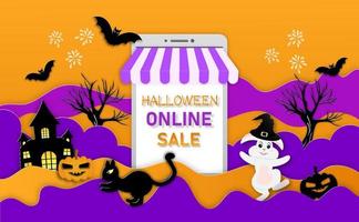 venta en línea de tarjeta espeluznante feliz halloween en estilo de corte de papel vector