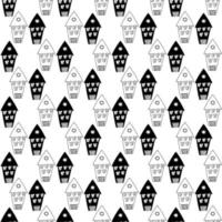 Set of black and white houses. Cute doodle pattern with buildings for kids prints fabric vector