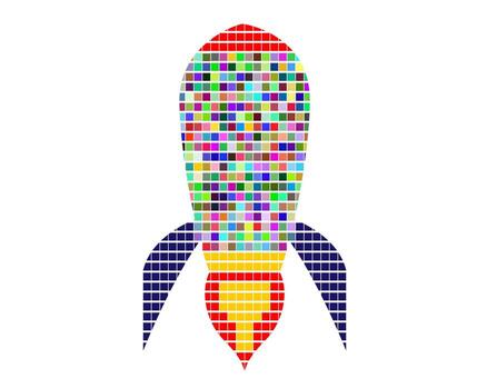 pixel space rocket with squares of different colors vector