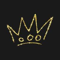 Gold glitter hand drawn crown. Simple graffiti sketch queen or king crown. Royal imperial coronation and monarch symbol isolated on dark background. Vector illustration