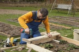 Man on garden plot twists screws into boards photo