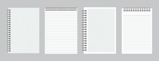 blocs de notas con papel rayado y cuadriculado vacío con espiral de hierro aglutinante. juego de cuatro hojas de cuadernos. ilustración vectorial vector