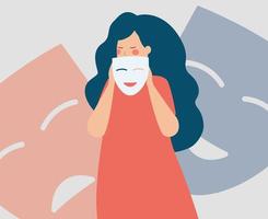 Schizophrenic woman has Bipolar disorder with happy and sad masks behind. Girl with schizophrenia disease and split personality. Mental health illness and psychological problems concept. Vector stock