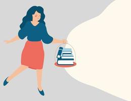 Woman lights her way with stack of books to face her future. Female moves forward on his career using her knowledge. Path to business and success. Education, Learning and skill development concept. vector