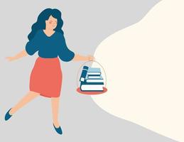 Woman lights her way with stack of books to face her future. Female moves forward on his career using her knowledge. Path to business and success. Education, Learning and skill development concept. vector