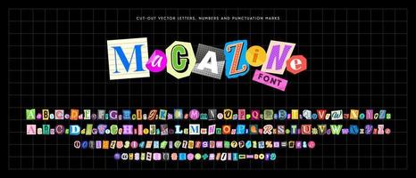 Color letters, numbers and punctuation marks cut from newspapers and magazines. Collage vector alphabet in trendy style. Criminal, anonymous or detective font. Vintage elements for your design