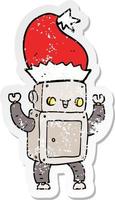 distressed robot character with christmas hat vector