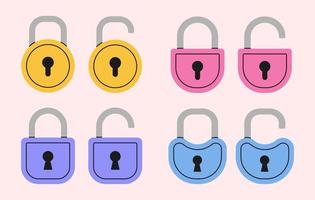 Set of simple minimal locked and unlocked padlocks with a keyhole. Flat security symbol. vector