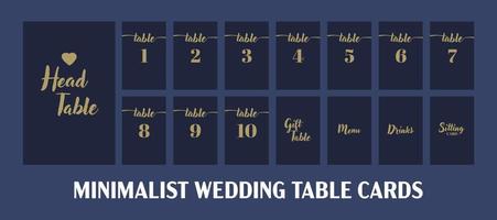 Wedding Seating Cards Set, Vector Template with Numbers and Table Names. Elegant Minimalist Table Cards of Navy Blue Color and Gold Calligraphy Print Collection.