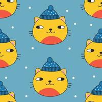 Seamless pattern with cute cat in winter hat. Vector illustration