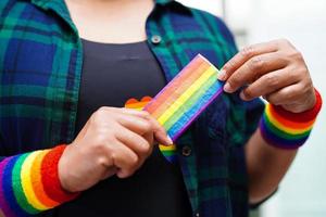 Asian woman with rainbow flag, LGBT symbol rights and gender equality, LGBT Pride Month in June. photo