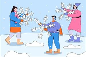 People enjoying snowfall and holding huge snowflakes in hands. Seasonal winter activities and family spare time. Cartoon characters with outline. Vector illustrations for landing page template, ui