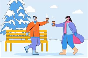 Young couple wearing winter clothes and holding hot coffee in park. Seasonal winter activities. Cartoon characters with outline. Can use for landing page template, ui, web, mobile app, poster vector