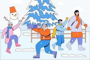 Family spending leisure time in park, father and daughter making snowman then taking photo, mother and son walking hand in hand. Cartoon characters with outline. Vector illustrations for landing page