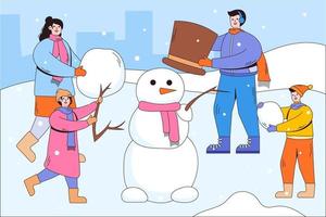 Cheerful children and parents wear casual warm clothes making a snowman together. Seasonal winter activities. Cartoon characters with outline. Vector illustrations