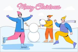 feliz fondo navideño con actividades familiares disfrutando del invierno estacional, hijo haciendo un muñeco de nieve, padre corriendo, madre patinando sobre hielo. personajes de dibujos animados con contorno. ilustraciones vectoriales vector