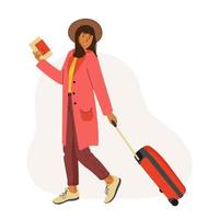 Young Woman in coat and hat with a Suitcase goes on vacation. Girl with a Suitcase and a passport with boarding pass tickets. Travel concept. Flat vector illustration.
