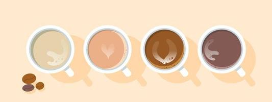 conjunto de diferentes tipos de café. tazas de café variadas. vista superior. ilustración vectorial plana. vector