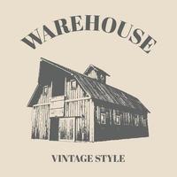 logo house warehouse drawing in old vintage style with design template. retro logo template design vector