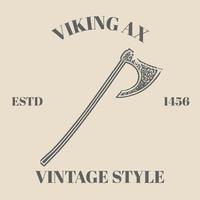 Logo viking drakkar, axe, sword. Vintage Retro vector style. engraving illustration isolated on cream background. Hand drawn design element for poster, tattoo template design