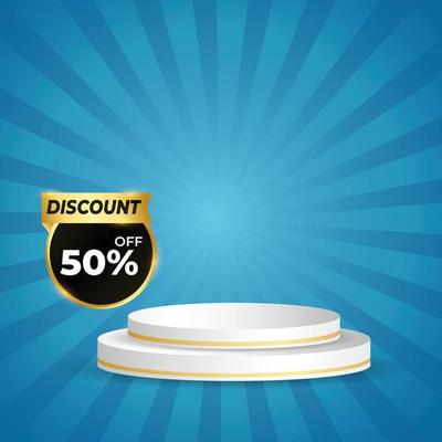 sunbrust light blue sunshine with podium and discount tag colorful vector background. Abstract blue wallpaper for banner, ad, social media and template. eps vector file
