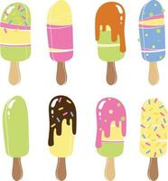 ilustración colorida plana aislada sobre fondo blanco. juego de helados de colores. postre de verano. Ilustración de vector plano colorido.