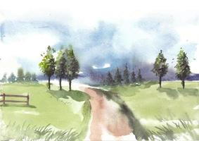 Nature landscape with road and garden fence watercolor
