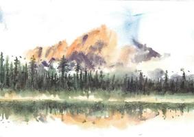 Reflection of pine forest and mountain lake watercolor vector