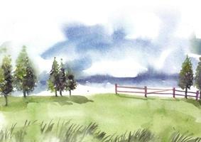 Nature landscape with pine trees and garden fence watercolor vector