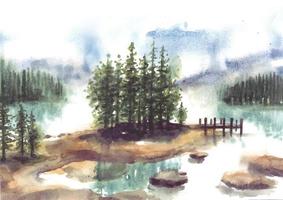 Reflection of pine trees in lake watercolor vector