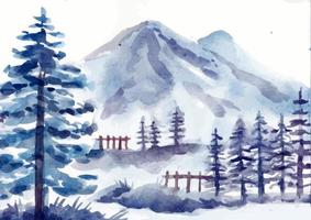 Winter landscape and icy mountain watercolor vector