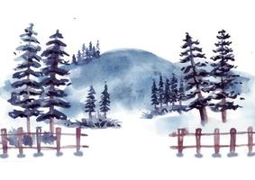 paisaje de invierno con acuarela de pinos frescos azules vector
