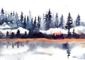 Reflection of winter landscape with pine trees and snow watercolor vector