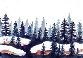 Winter landscape with pine trees and snow watercolor vector