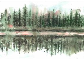 Reflection of  beautiful pine trees in lake watercolor vector