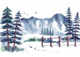 paisaje de invierno con acuarela de valla de jardín vector