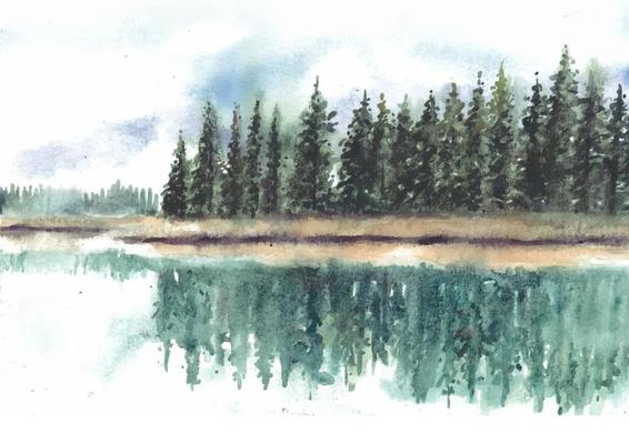 Reflection of beautiful pine trees in lake watercolor
