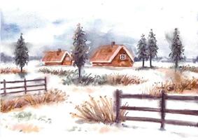 paisaje invernal con casa y pinos acuarela vector