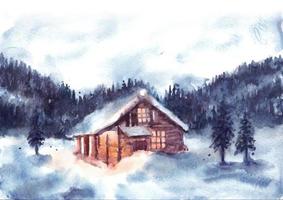 acuarela paisaje invernal con casa y pinos vector