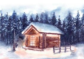 Beautiful winter landscape with house and pine trees watercolor vector