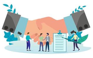 Vector illustration.Businessmen sign a contract.There's a big handshake in the background.