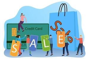 Vector illustration.Cute people rush to the sale.people are holding signs that say sale and in the background a package and a credit card.