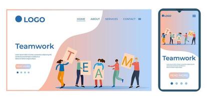 Teamwork.People hold Team signs in their hands.Template for the user interface of the site's home page.Landing page template.The adaptive design of the smartphone.vector illustration. vector